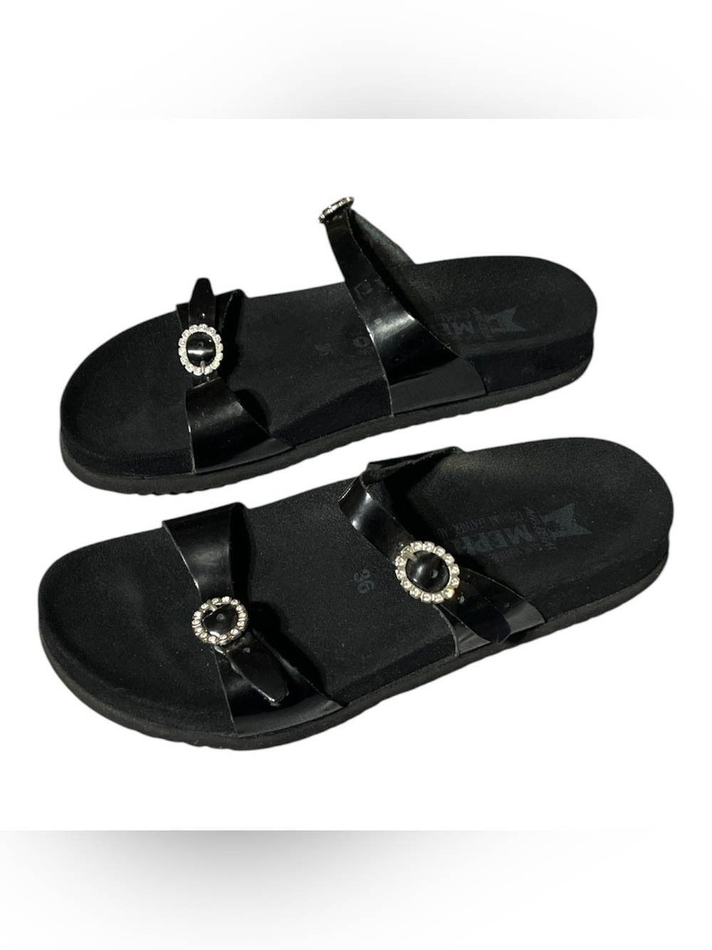 Mephisto Sydel Black Patent Jeweled Two-Strap Slide Sandals